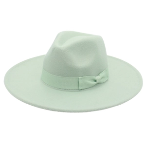 Detail of mint green wide brim wool fedora with grosgrain ribbon and bow accent