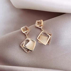 Golden geometric square drop earrings with micro-pave zircons and creamy moonstone inlay