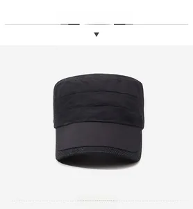 Detail view of black military flat top hat featuring Sport embroidery and mesh texture