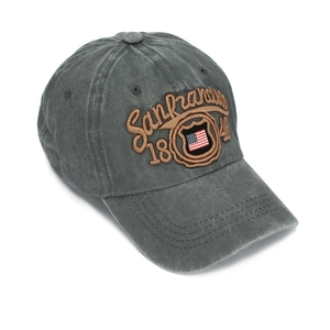 Detailed 3D embroidery of San Francisco logo on washed grey cotton baseball cap