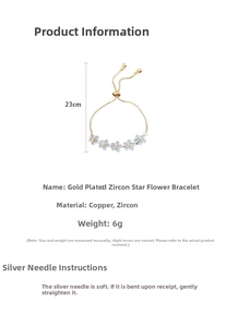 Detail view of adjustable star and blue zircon flower bracelet with 23cm length and 6g weight