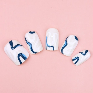 Close-up of white and blue abstract fluid line patterns on glossy short square press-on nails