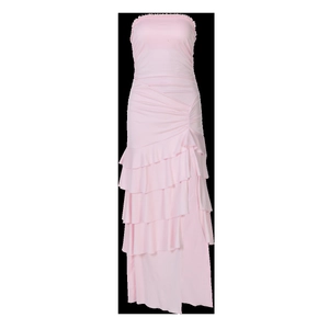 Detail of elegant tiered ruffle skirt with side slit on a pink strapless long dress