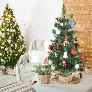 60cm mini artificial Christmas tree with festive ornaments and rustic burlap base decor