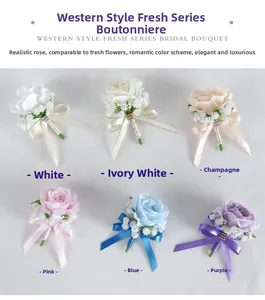 Detail view of artificial rose boutonnieres in six colors with ribbons and rhinestones