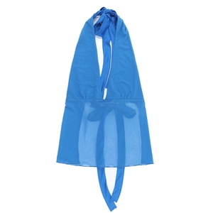 Detail of royal blue halter neck top featuring V-neck and sheer mesh paneling