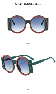 Detailed views of forest green sunglasses with orange trim and blue gradient lenses