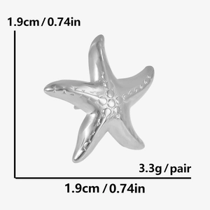 Detail view of starfish stud earrings in stainless steel with size and weight specs