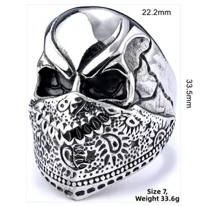 Detailed dimensions of a vintage steel pirate skull ring with paisley bandana pattern