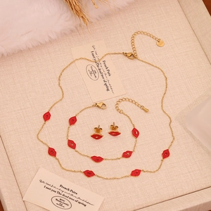 Red Lips Heart Necklace Bracelet And Earrings Collection Red Enamel 304 Stainless Steel Jewelry With Silver Earring Post