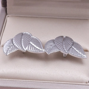 Detailed view of silver leaf-shaped earrings made of 304 stainless steel with fine texture