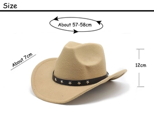 Detailed size chart for camel cowboy hat with star belt showing 57-58cm circumference