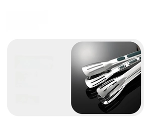Detail of SUS304 stainless steel food tong with uniform drain holes and green handle grip