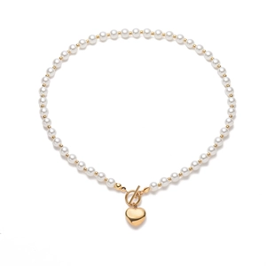 Elegant gold-plated heart pendant pearl necklace with classic T-bar toggle clasp