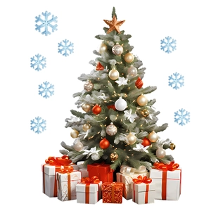Evergreen Christmas tree with gold star, colorful ornaments and gift boxes on white background