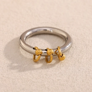 Stainless Steel Ring 18K Gold Plated Bicolor Dangling Round Beads Charms Tassel Minimalist Chic Fashion Jewelry For Women