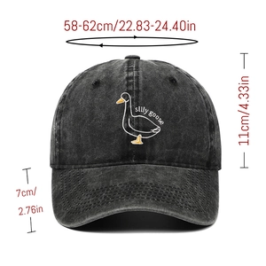 Size guide for washed denim baseball cap with silly goose embroidery and curved brim