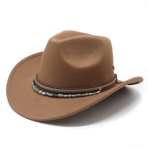 Brown western cowboy wool felt hat with turquoise beads and braided leather trim