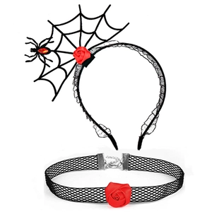 Detail of Halloween spider web headband and red rose choker set for costume parties