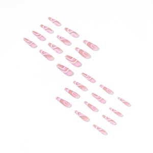 Pink wavy press-on nails 24pcs set featuring long ballerina shape and marble swirl pattern