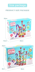 Size comparison of 76 and 142 pieces marble run building block sets in blue boxes