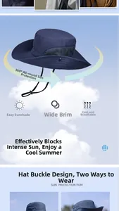Detail of wide brim sun hat featuring breathable mesh vents and adjustable wind cord