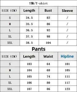 Size chart for floral sleeveless top and pants set showing S to XXL measurements in cm