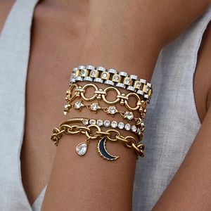 18K gold stainless steel layered moon bracelet set with diamonds and black enamel charms
