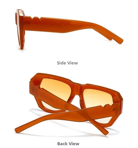 Detail view showing orange geometric frames and unique stepped temple design on sunglasses