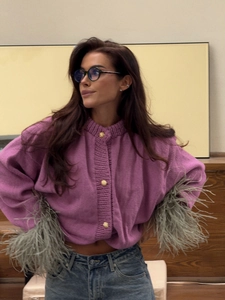Purple knit cardigan with ostrich feather cuffs and luxury gold buttons for women