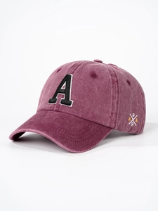 Detailed side view of vintage washed burgundy cotton baseball cap with letter A embroidery