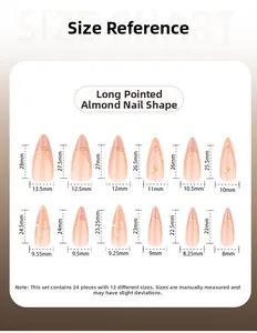 Detailed size chart for long almond press-on nails with 12 sizes and 24 pieces in total