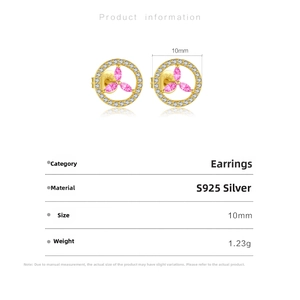 Detailed product size guide for S925 silver flower earrings with pink stones and dimensions
