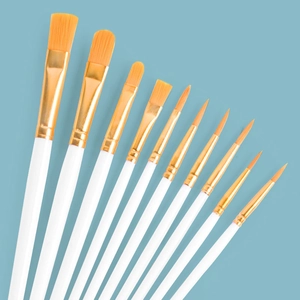10-piece professional art paint brush set with white handles and various brush tips