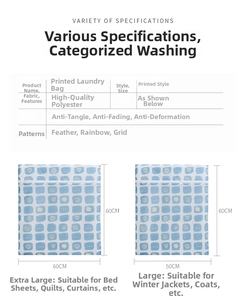 Size chart showing large mesh laundry bags with zipper for washing machine protection