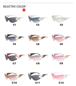 Selection of Y2K heart-accented wrap-around sunglasses available in 12 stylish colors