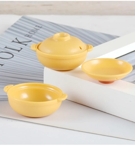 Miniature yellow clay pot with lid and bowl on white stand for dollhouse decor