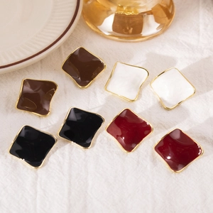 Minimalist square geometric stud earrings with gold plating and colorful enamel finish