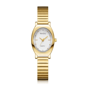 Detail of elegant oval gold watch with polished case and textured metallic strap