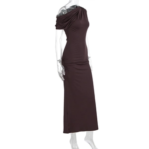 Detailed view of dark brown one-shoulder maxi dress with elegant side pleats and ruched waist