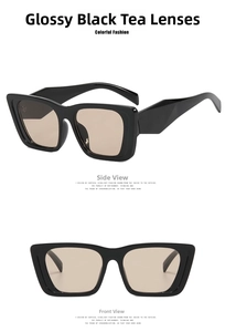Detail view of square black cat eye sunglasses with brown lenses and geometric temples