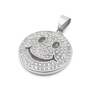 Ciondolo faccina sorridente con strass in acciaio inossidabile argento stile hiphop