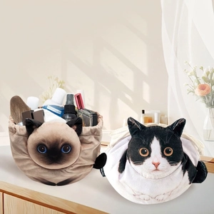 Cute Cat Face Shape Plush Drawstring Makeup Bag Realistic Print Soft Cosmetic Organizer Travel Toiletry Pouch For Women