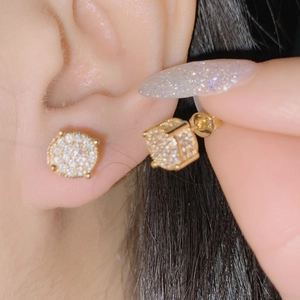 Sparkling 18k gold plated geometric earrings with micro-pave cubic zirconia on ear