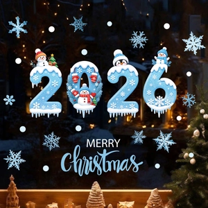 2026 Blue Christmas window stickers with snowman and snowflake designs for home party decor