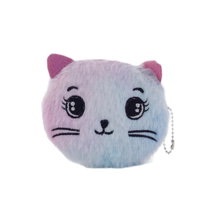 Plush cat shaped coin purse with gradient colors and embroidered face with metal chain