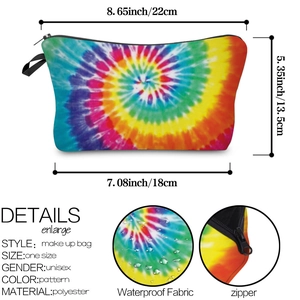 Detailed size specifications and waterproof polyester fabric close-up of tie-dye makeup bag