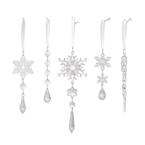 5pcs clear acrylic Christmas snowflake and icicle ornaments hanging on white background