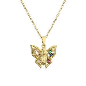Golden butterfly necklace with Virgin Mary relief and colorful gemstone wing accents