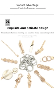 Detail of metallic elastic waist chains with diverse floral and geometric buckle designs